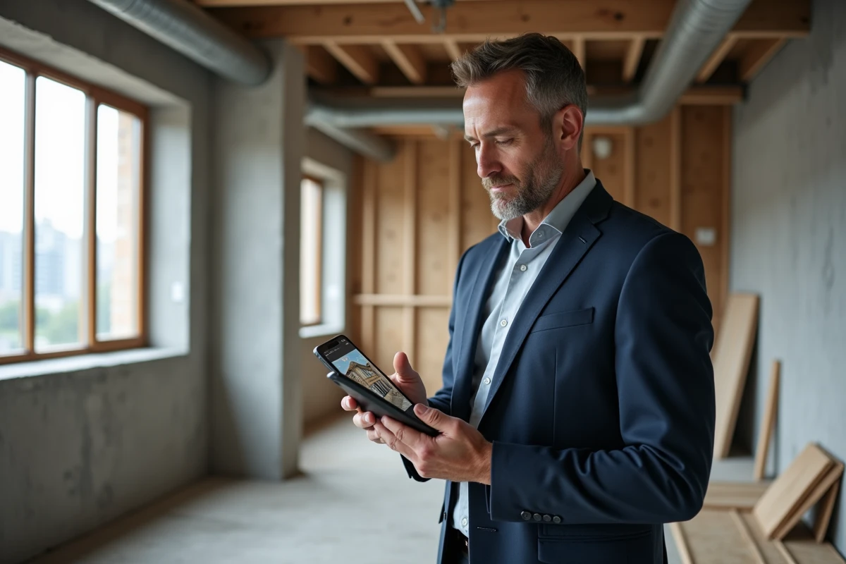 Promoteur immobilier consultant l'application mobile lamaison360.fr sur chantier avant livraison