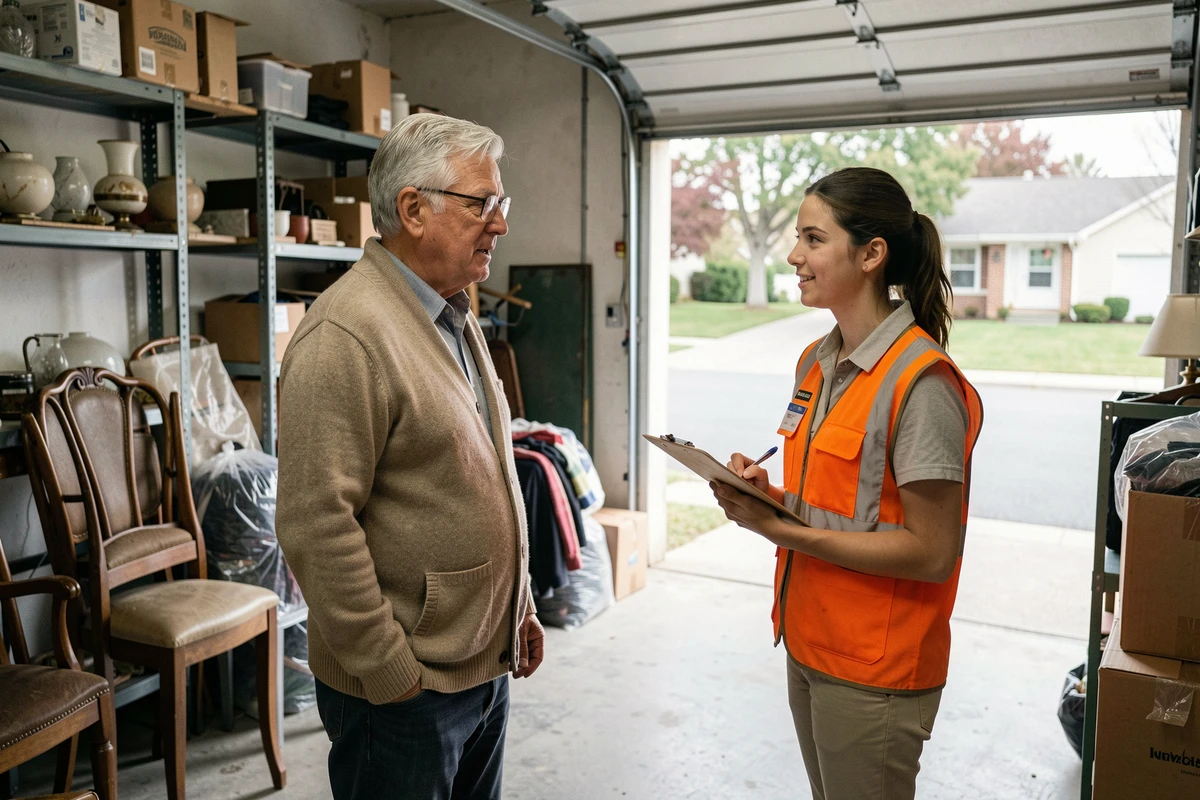 Un propriétaire discutant avec une bénévole d'association dans un garage encombré avant un débarras