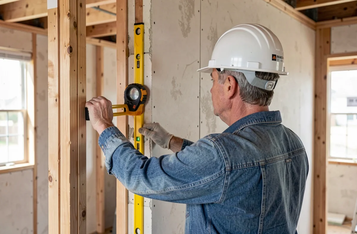 Propriétaire casqué contrôlant l'aplomb d'un mur dans une maison en chantier