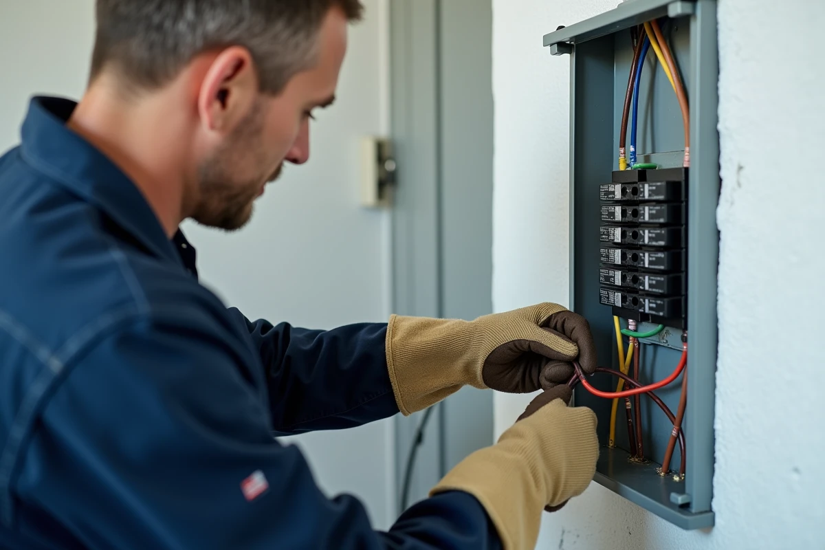 Électricien raccordant trois fils colorés dans un tableau électrique résidentiel ouvert