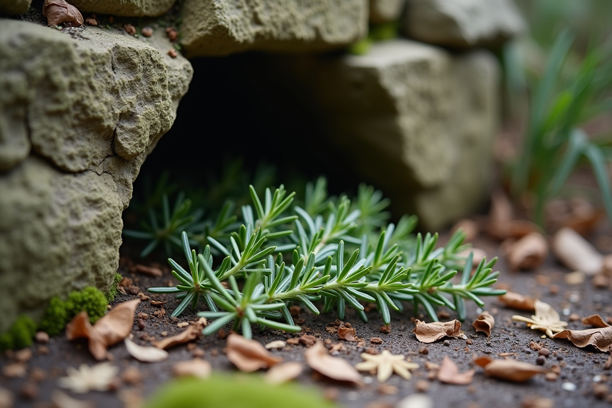 Raisin de romarin autour d’un terrier de rat dans le jardin