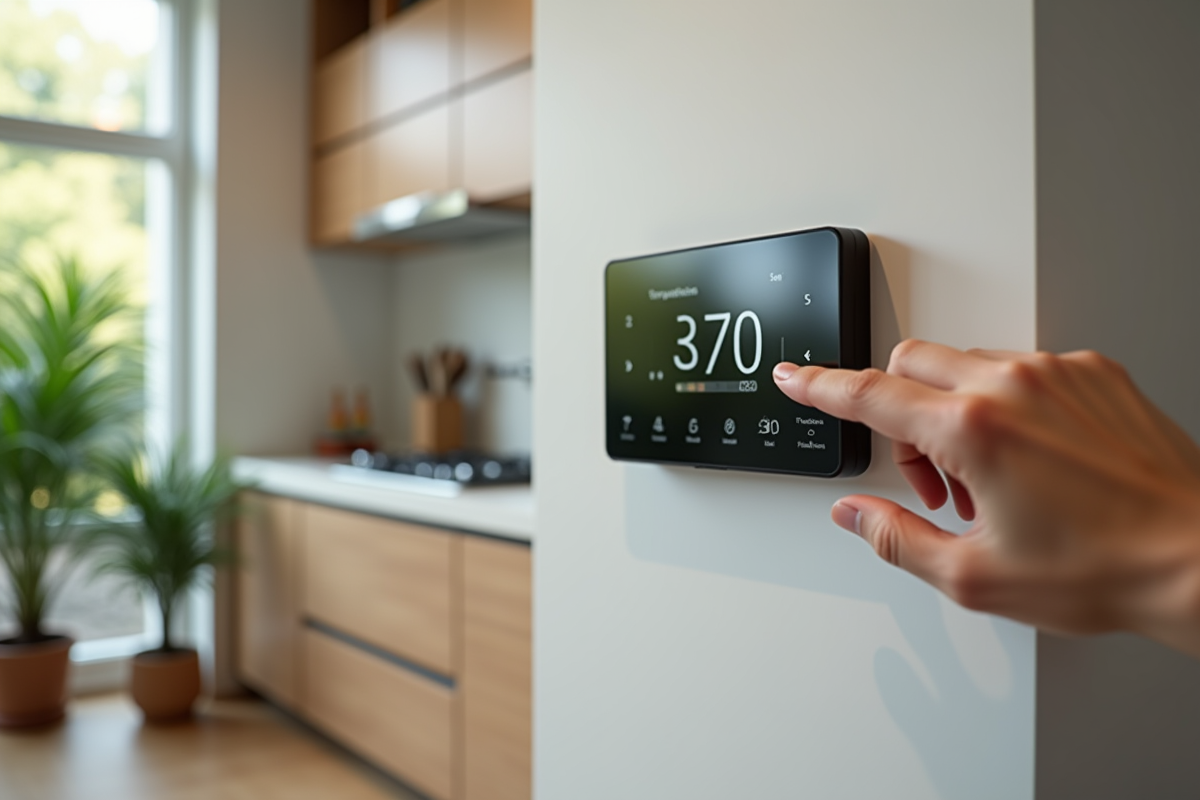 Main ajustant un thermostat intelligent dans une cuisine lumineuse