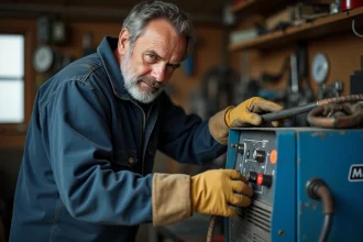 Soudeur réglant la vitesse de fil sur un poste MIG Parkside dans un atelier de bricolage