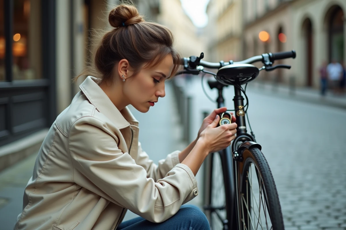 Femme réinitialisant le code d'un cadenas à combinaison sur un vélo attaché dans la rue
