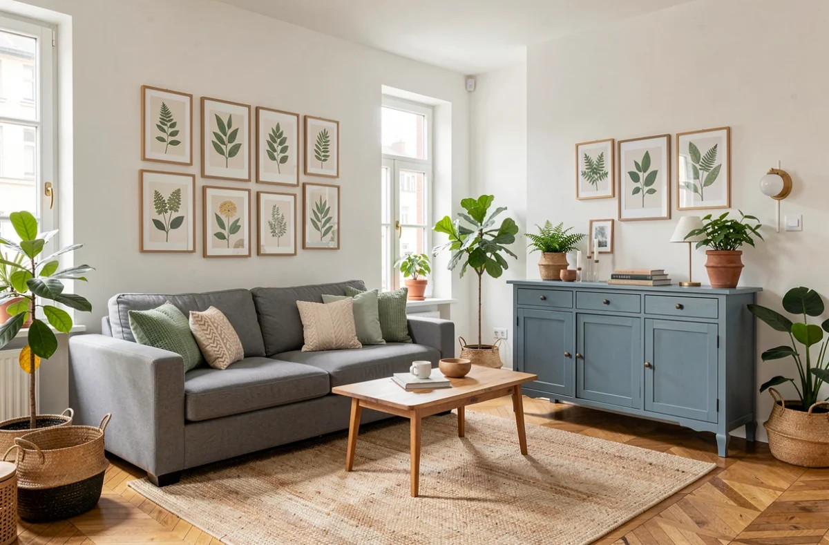 Appartement relooké par Relookea en Haute-Savoie, avec salon modernisé et mur galerie de prints botaniques