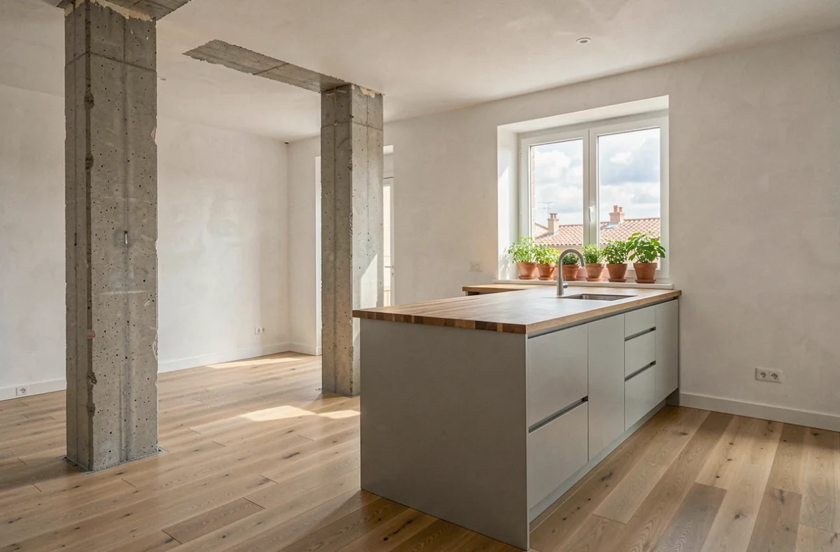 Rénovation complète d'appartement provençal par Renov House avec colonnes en béton brut, parquet en chêne et îlot de cuisine en acier laqué