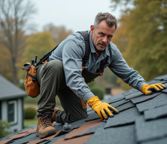 Remplacement bardeaux toiture : quand le faire ? Conseils et Astuces Homme en vêtements de travail retire des tuiles d'asphalte usées