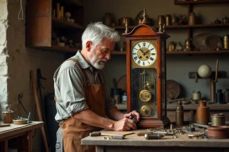 Horloger restaurateur examinant le mouvement en laiton d'une horloge comtoise ancienne dans un atelier artisanal