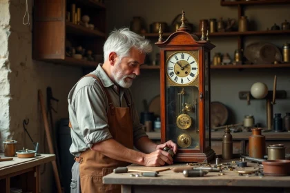 Horloger restaurateur examinant le mouvement en laiton d'une horloge comtoise ancienne dans un atelier artisanal