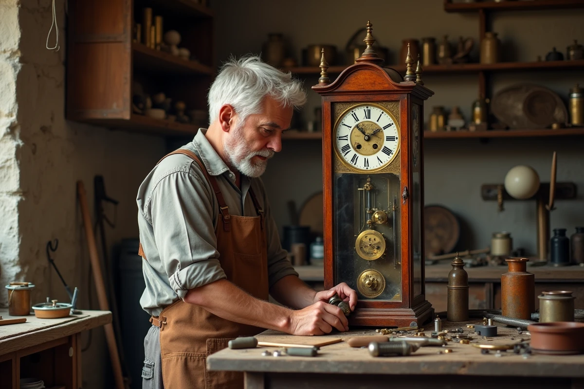 Horloger restaurateur examinant le mouvement en laiton d'une horloge comtoise ancienne dans un atelier artisanal