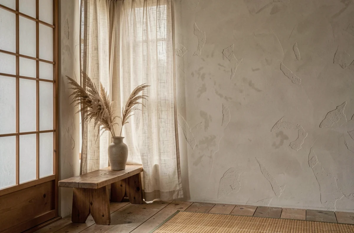 Rideaux en lin écru style japonisant dans un salon wabi-sabi minimaliste avec claustra shoji et vase en céramique