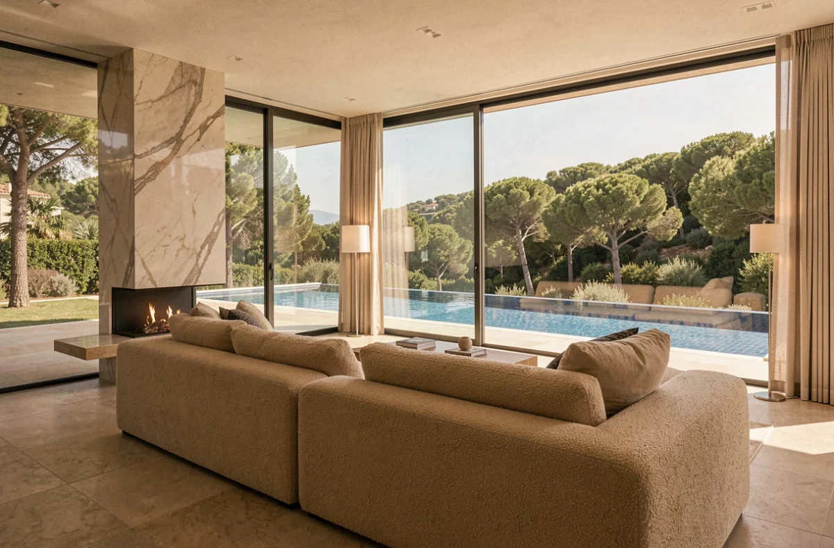 Villa de luxe sur la Côte d'Azur avec salon panoramique ouvert sur piscine à débordement et collines boisées