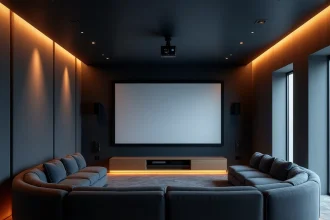 Salle de cinéma maison avec écran de projection 120 pouces, canapé sectionnel et panneaux acoustiques muraux