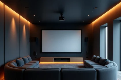 Salle de cinéma maison avec écran de projection 120 pouces, canapé sectionnel et panneaux acoustiques muraux