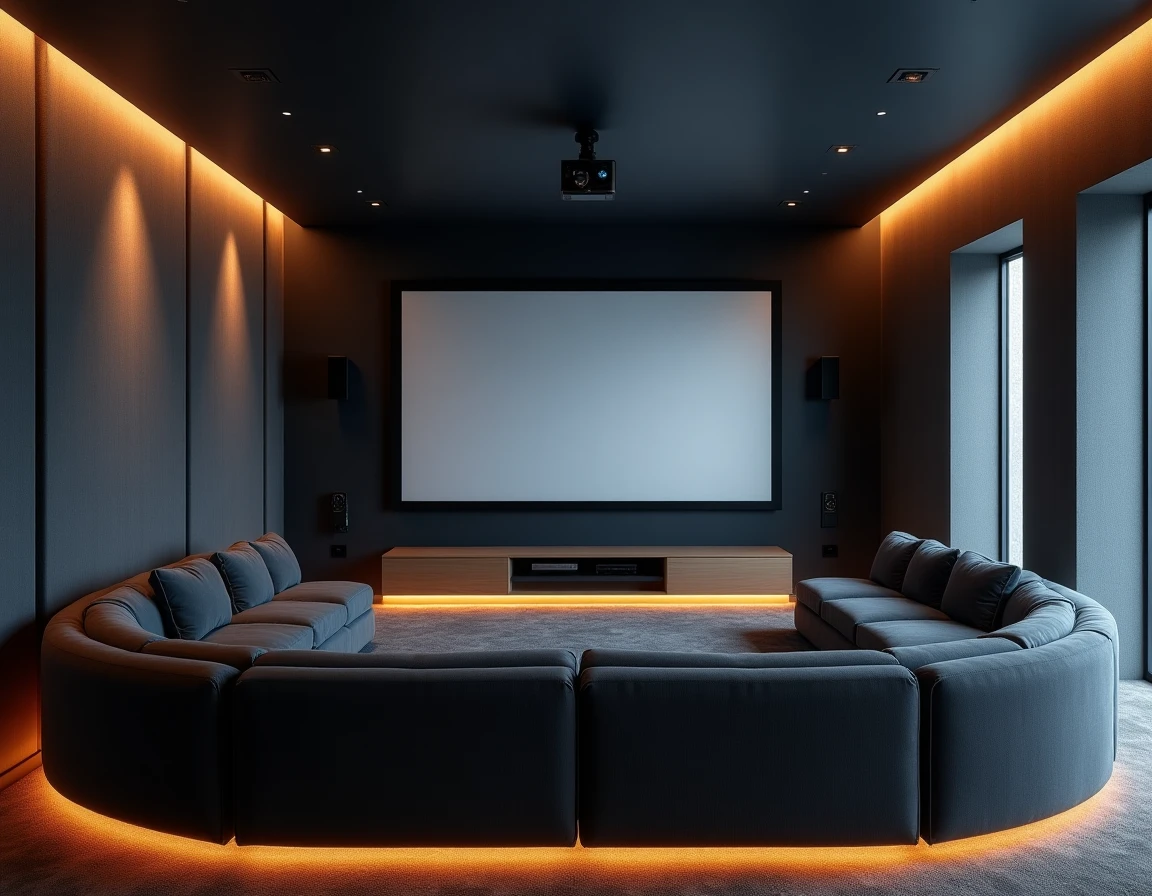 Salle de cinéma maison avec écran de projection 120 pouces, canapé sectionnel et panneaux acoustiques muraux