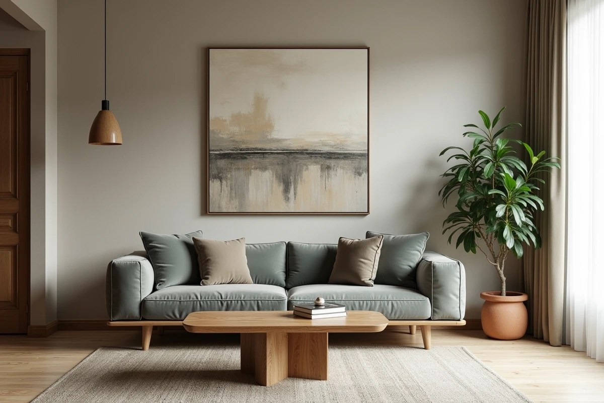 Salon moderne et épuré avec canapé velours gris et mobilier en chêne massif, intérieur repensé avec raffinement