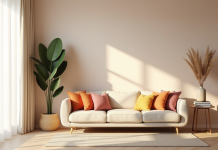 Salon moderne avec murs pastel et canapé beige