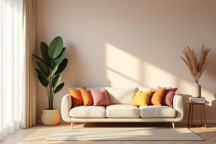 Salon moderne avec murs pastel et canapé beige