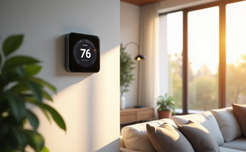 Chauffage intelligent : explication et fonctionnement Salon moderne avec thermostat intelligent mural et grande fenetre