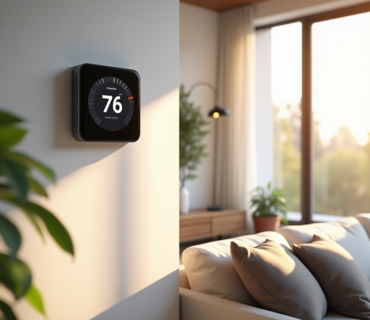 Salon moderne avec thermostat intelligent mural et grande fenetre
