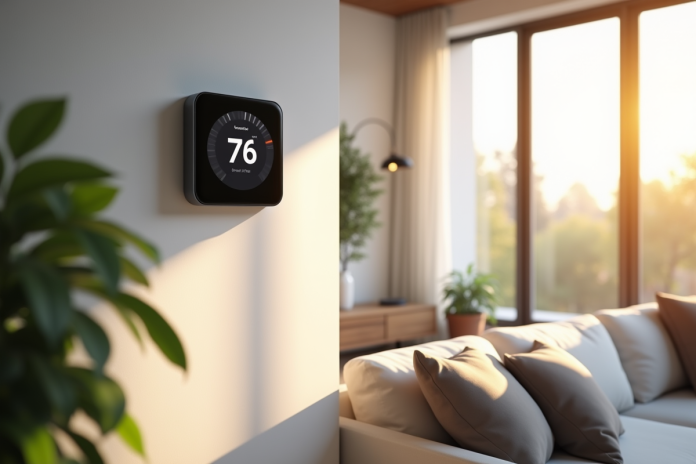 salon-salle-smart-thermostat Salon moderne avec thermostat intelligent mural et grande fenetre