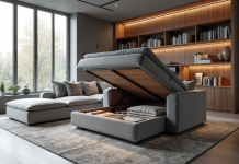 Salon moderne avec canapé gris et espace de rangement caché