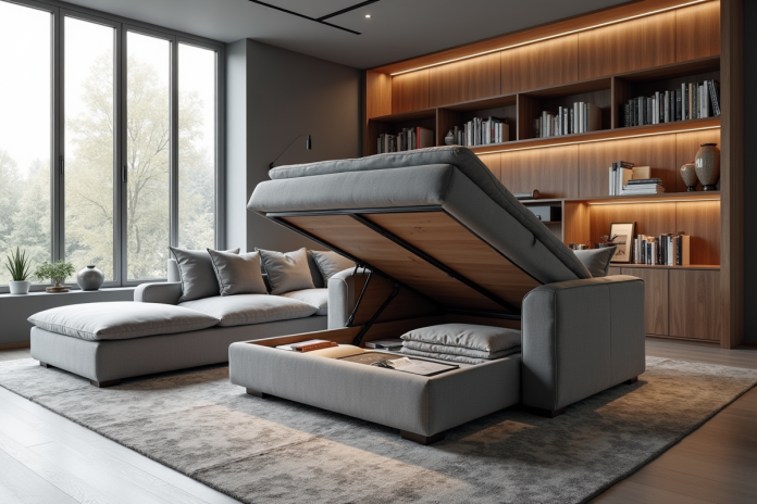 Salon moderne avec canapé gris et espace de rangement caché