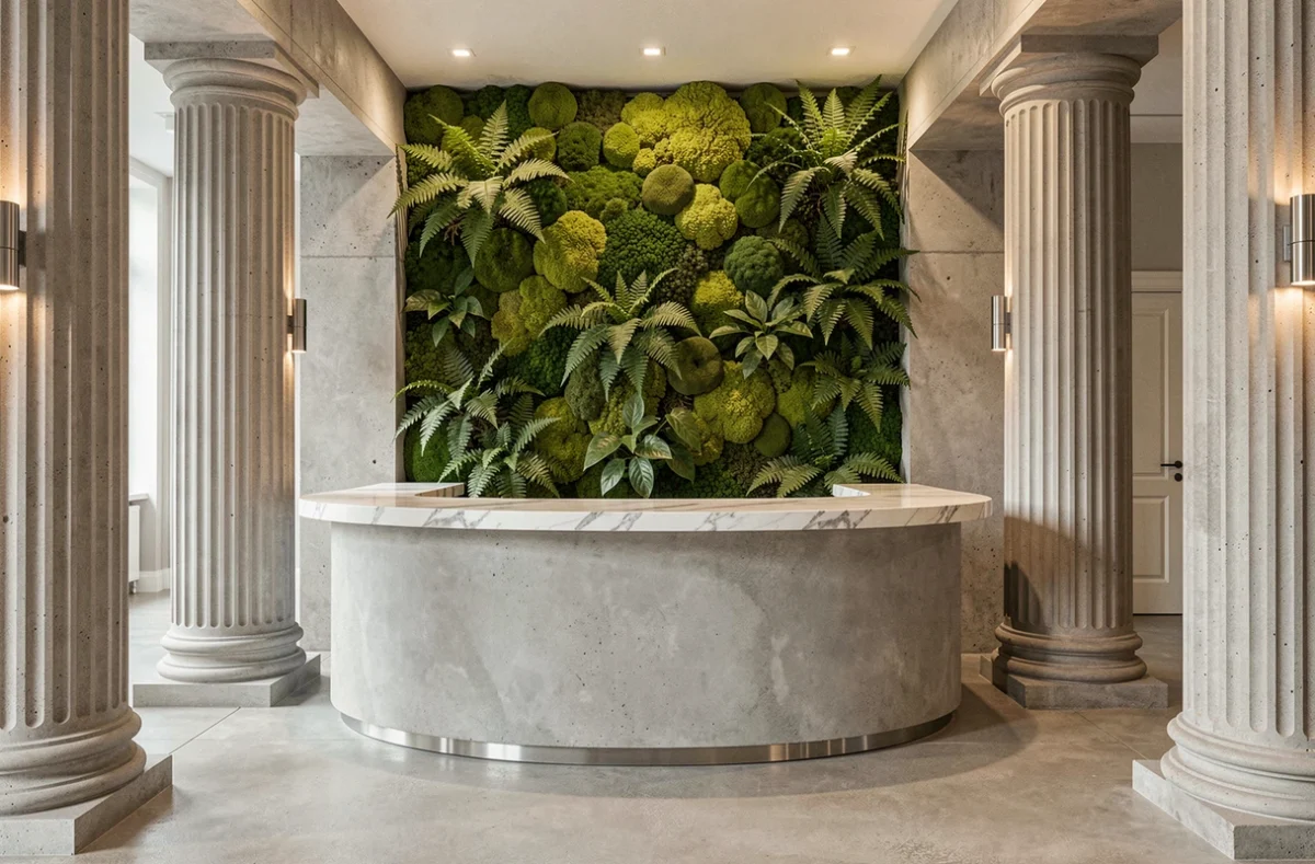 Espace d'accueil commercial design avec colonnes en plâtre cannelé, bureau en béton et mur végétal