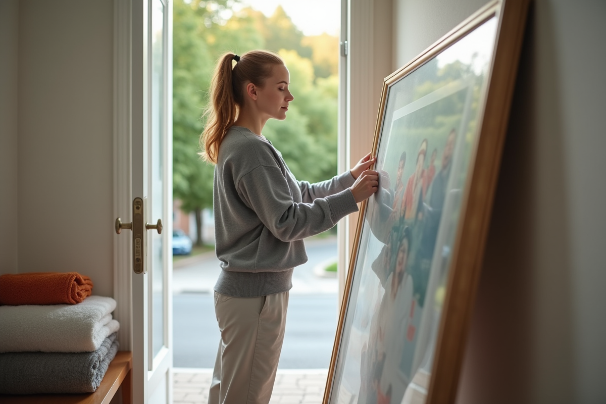Jeune femme scellant un tableau dans un couloir lumineux