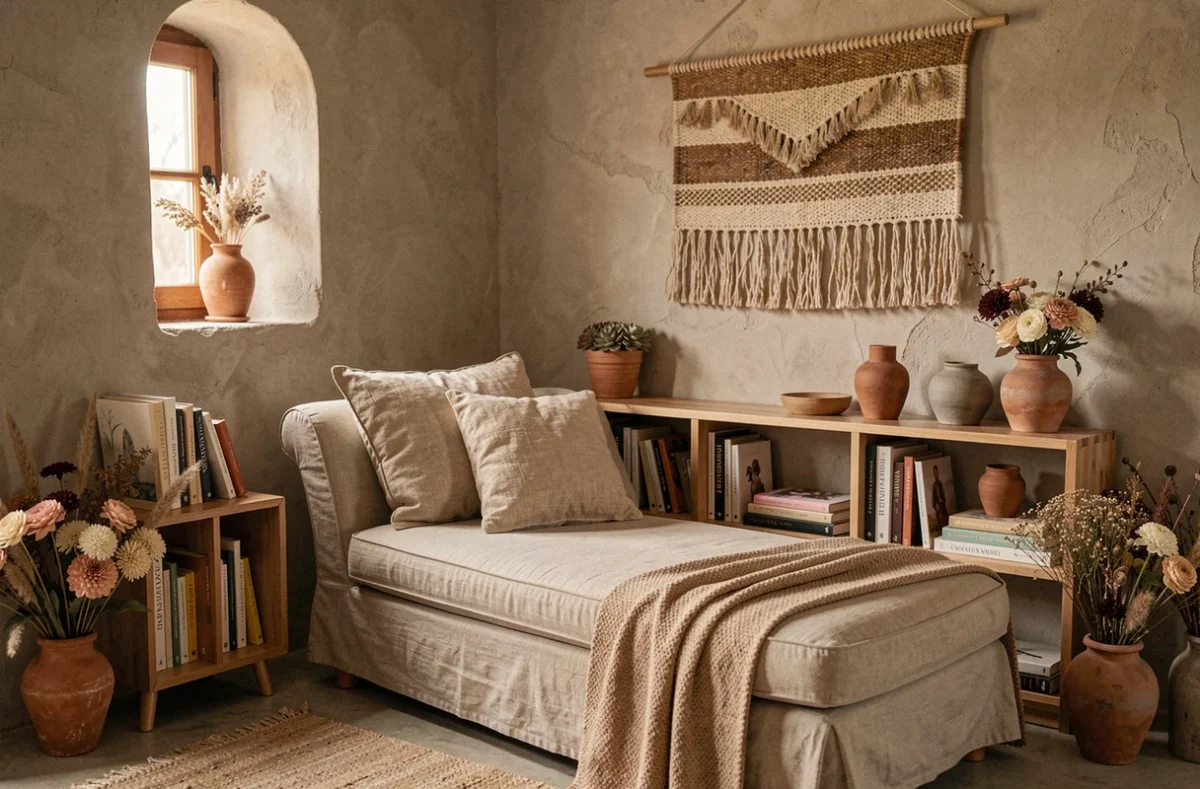 Coin lecture cosy aménagé par Scène de Vie en Haute-Savoie, avec chaise longue en lin et décoration artisanale