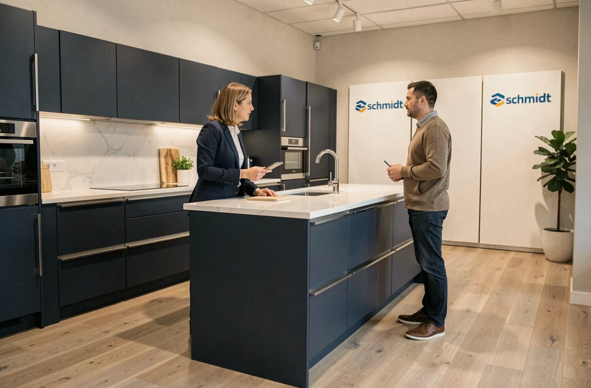 Consultant Schmidt Chartres présentant une cuisine sur mesure bleu marine à un couple dans un showroom