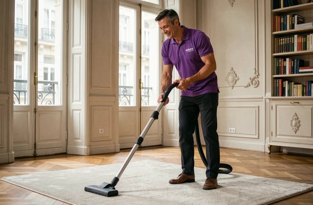 Employé de Shiva Strasbourg en polo violet aspirant un tapis dans un appartement haussmannien