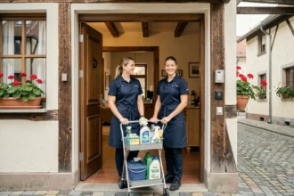 Équipe de ménage professionnelle devant une maison alsacienne typique du Bas-Rhin