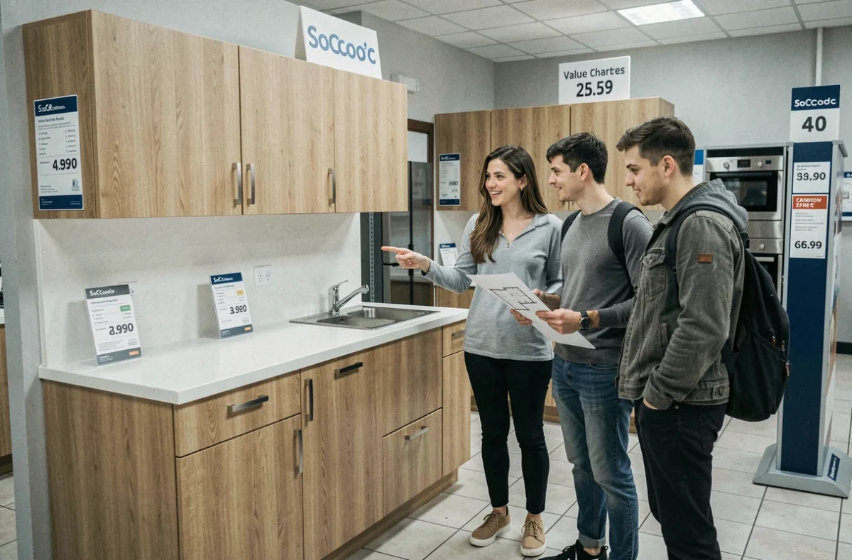 Conseillère SoCoo'c Chartres présentant une cuisine économique en chêne clair à un jeune couple