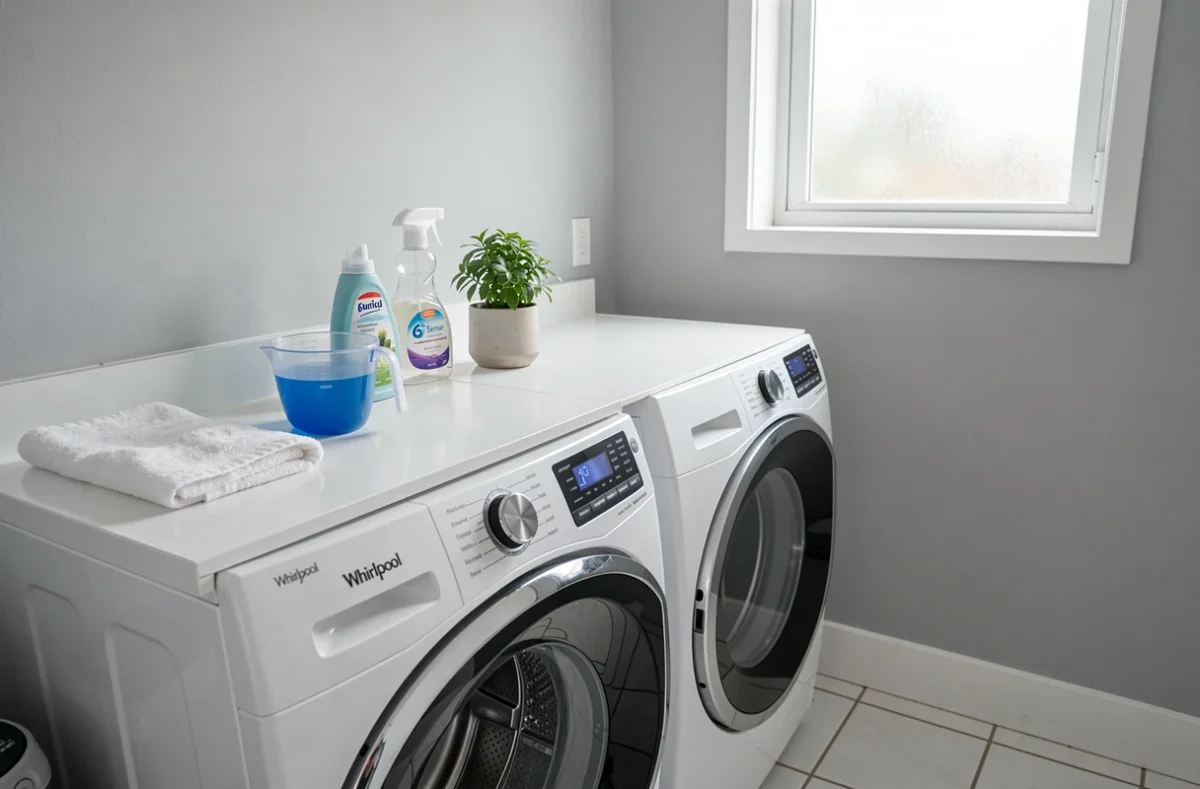 Station de lavage organisée avec lave-linge Whirlpool 6th Sense 9kg et produits de dosage lessive