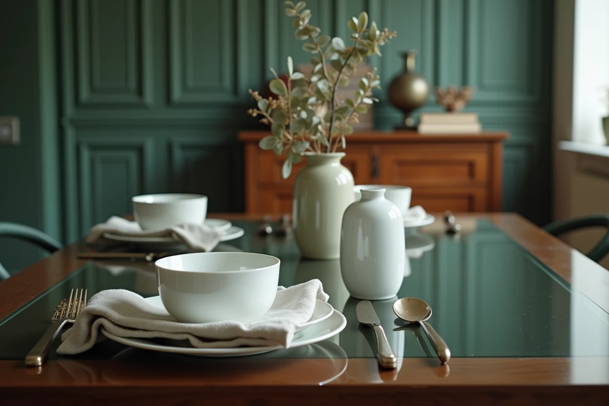 Table dressée avec nappe transparente 2 mm sur mesure effet verre dans un intérieur bourgeois élégant