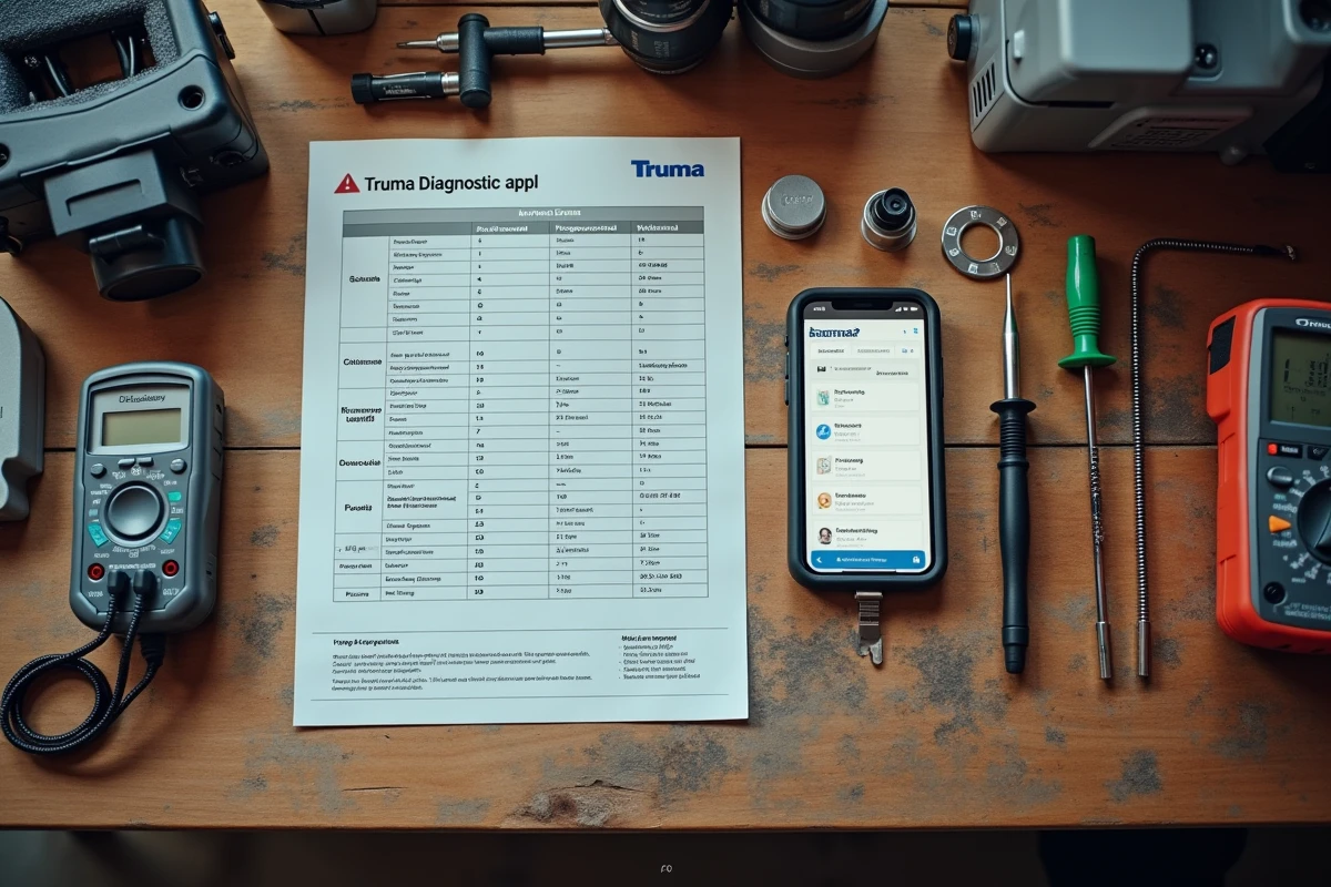 Vue aérienne d'un tableau de dépannage Truma imprimé avec outils et multimètre sur un établi d'atelier
