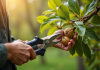 Mains de jardinier taillant un noyer en printemps