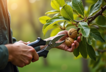 Mains de jardinier taillant un noyer en printemps