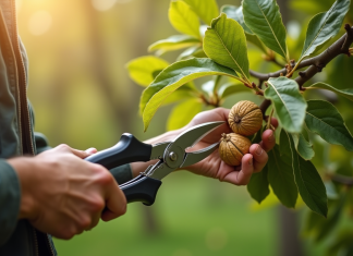 Bouturer un noyer : Mode d’emploi détaillé pour le jardinier amateur Mains de jardinier taillant un noyer en printemps