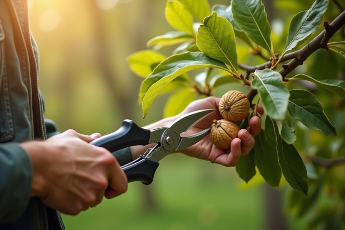 Mains de jardinier taillant un noyer en printemps
