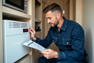 Technicien en uniforme lisant un code erreur Truma Combi sur le panneau de contrôle d'un camping-car