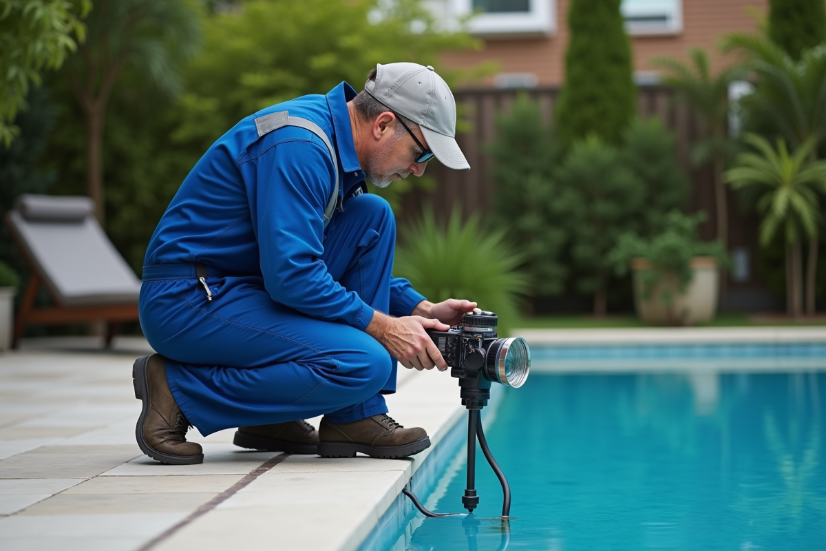 Technicien en overalls inspectant un boitier électrique au bord de la piscine