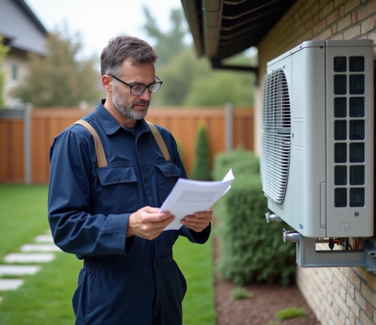 Aide pompe à chaleur 2025 : quelles solutions efficaces ? Technicien en overalls vérifiant une pompe à chaleur extérieure