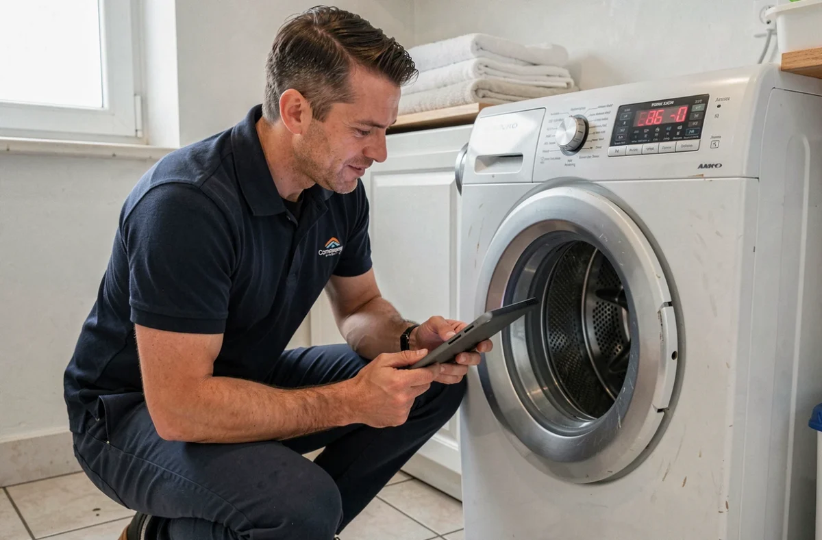 Technicien SAV inspectant un lave-linge Valberg affichant un code erreur U01 dans une buanderie résidentielle