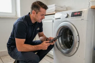 Technicien SAV inspectant un lave-linge Valberg affichant un code erreur U01 dans une buanderie résidentielle
