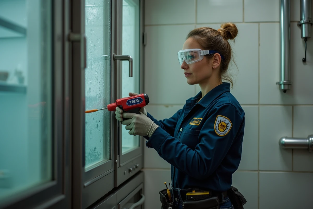 Technicienne en désinsectisation appliquant un gel anti-cafard dans une cuisine de restaurant professionnel