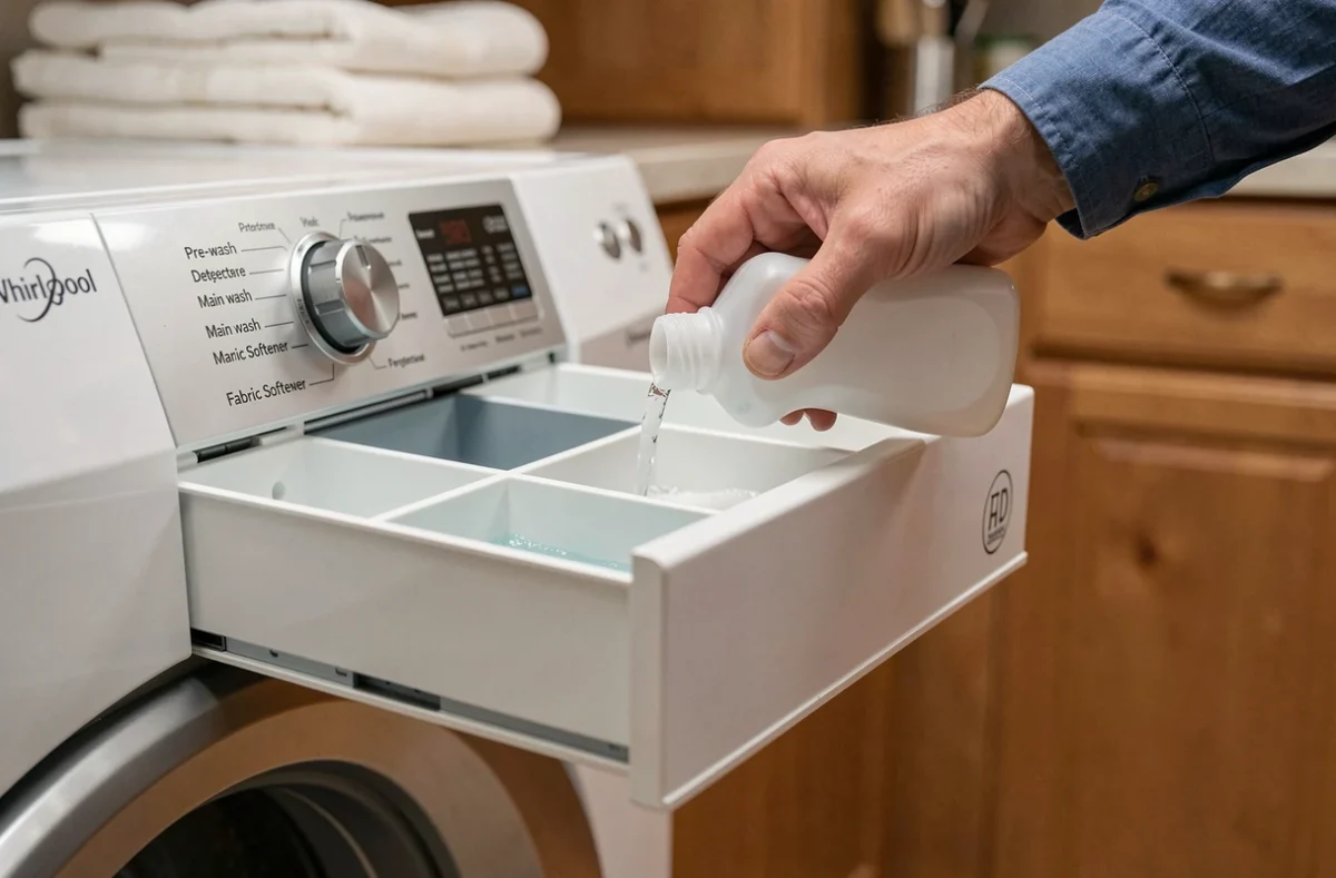 Gros plan sur le tiroir de dosage lessive et adoucissant d'un lave-linge Whirlpool 9kg