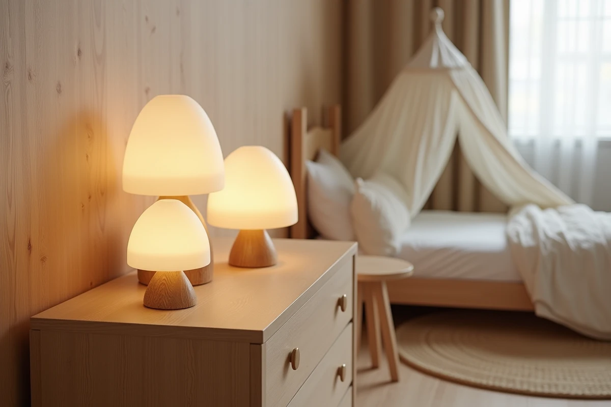 Trio de lampes champignons en bois sculpté et verre dépoli sur une commode en chêne dans une chambre enfant style scandinave