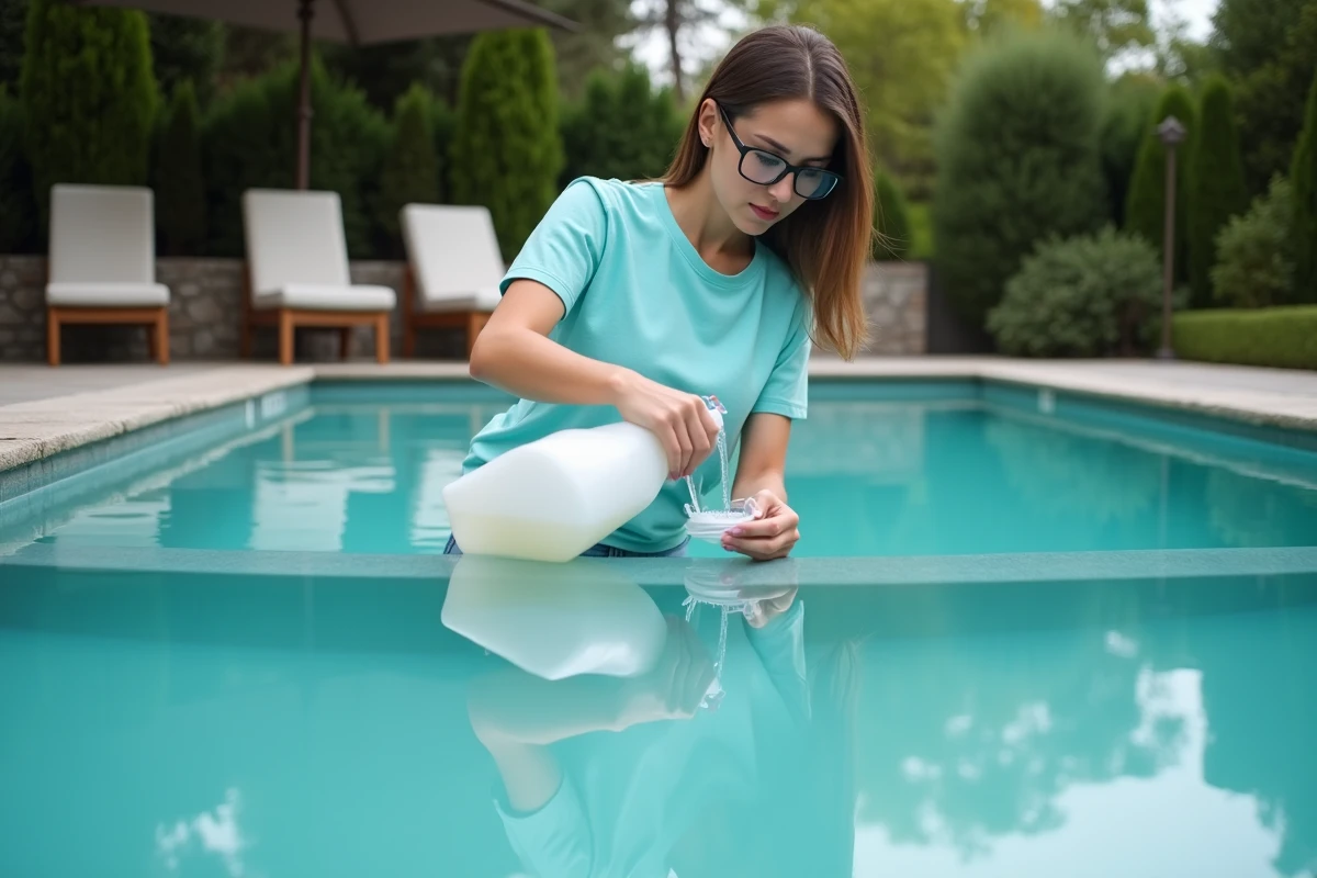 Femme versant de l'eau de javel dans le skimmer d'une piscine résidentielle de 50 m3